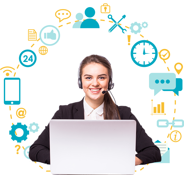 The image shows women giving customer support in call