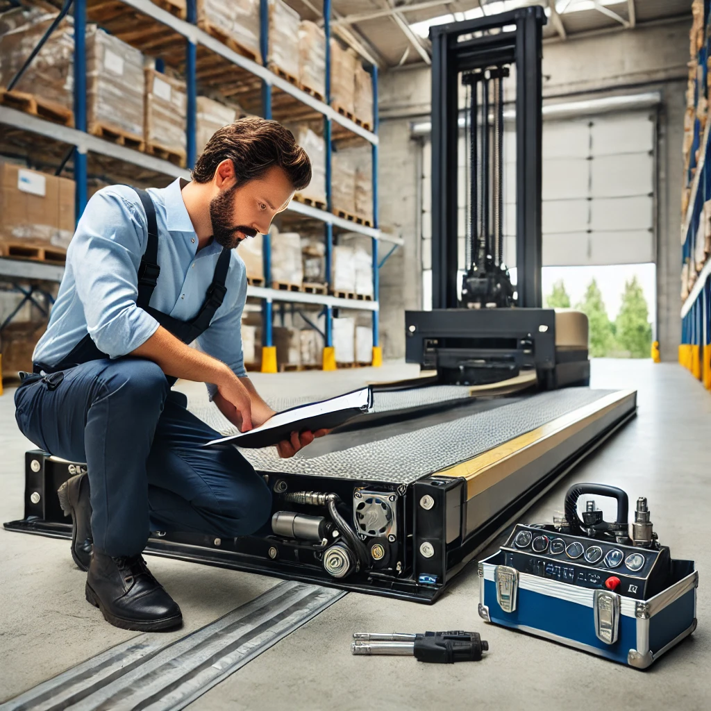 A technician performing maintenance on a hydraulic dock leveler, checking fluid levels and inspecting the hydraulic system