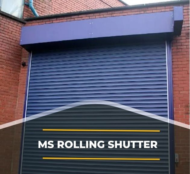 A blue metal rolling shutter is closed on a brick building. The words MS Rolling Shutter are overlaid in white text against a dark transparent banner with yellow lines.