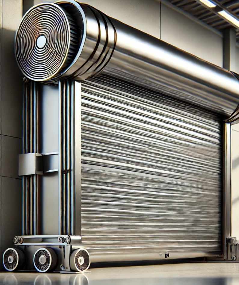 A modern, metallic rolled-up garage door with intricate circular patterns on the cylindrical housing. The door is closed, with sleek, reflective surfaces and industrial design elements. The setting suggests an industrial or commercial facility.