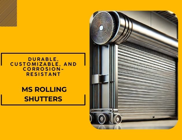 Image of a metal rolling shutter against a yellow background. Text reads: Durable, customizable, and corrosion-resistant MS Rolling Shutters. The shutter is partially opened, showing intricate metallic details.