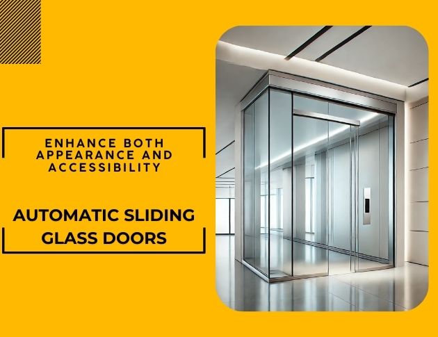 A modern, sleek room featuring automatic sliding glass doors, set against a yellow background. Text reads: Enhance both appearance and accessibility. Automatic sliding glass doors.
