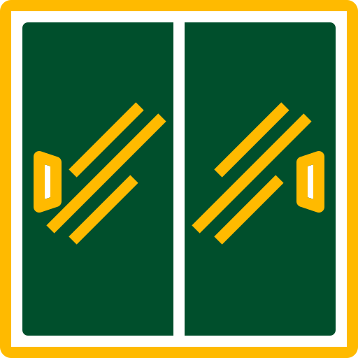 A green, rectangular icon with a yellow border features two parallel, diagonal yellow lines on each side pointing toward each other. Each set of lines is accompanied by a vertical bar.