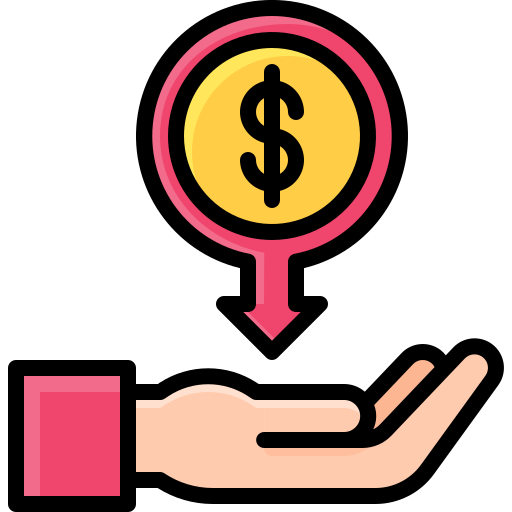 An illustration of an open hand with a downward-pointing arrow and a gold coin featuring a dollar symbol. The arrow appears to indicate the coin moving towards the hand.